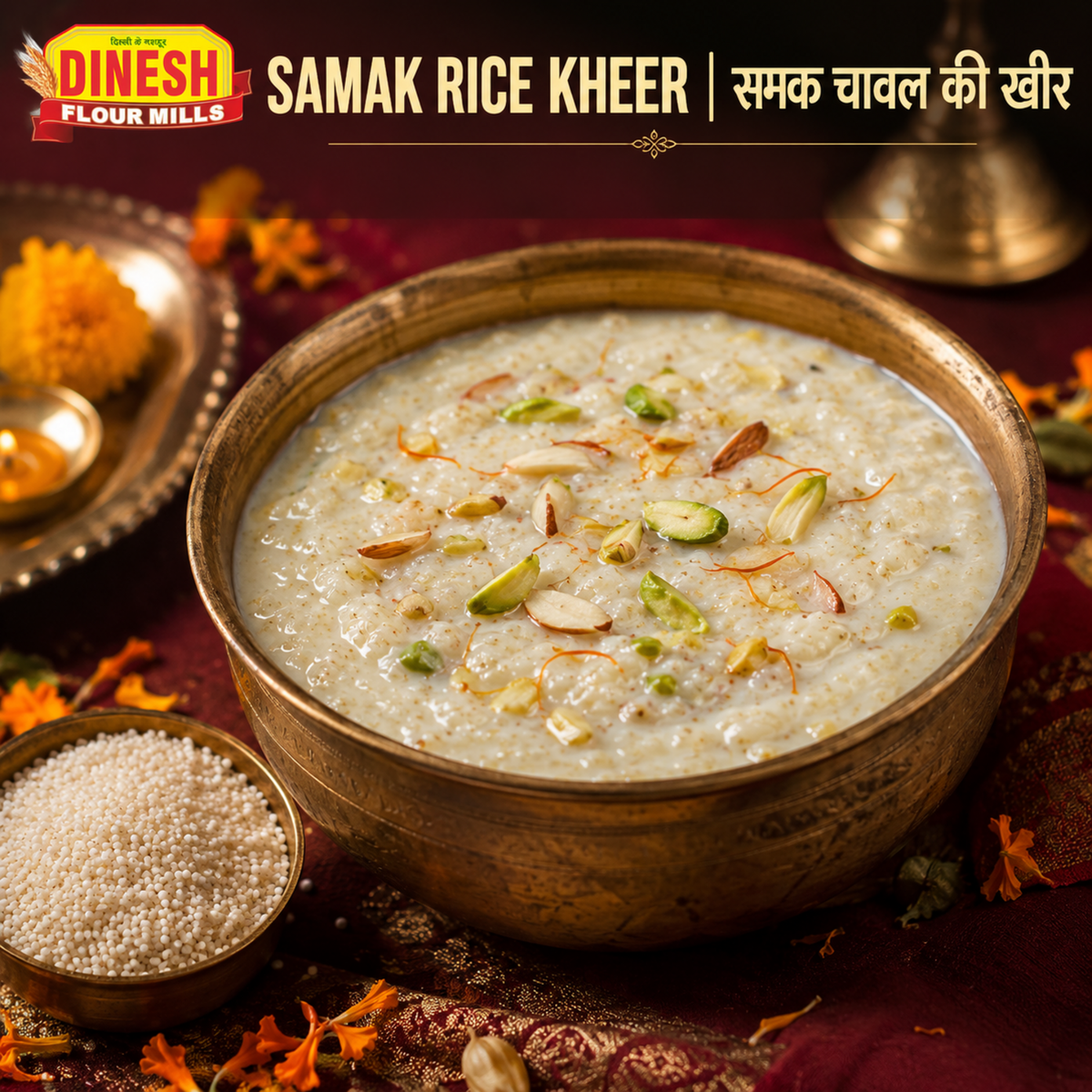 Samak Rice Kheer with saffron almonds and pistachios served in a brass bowl