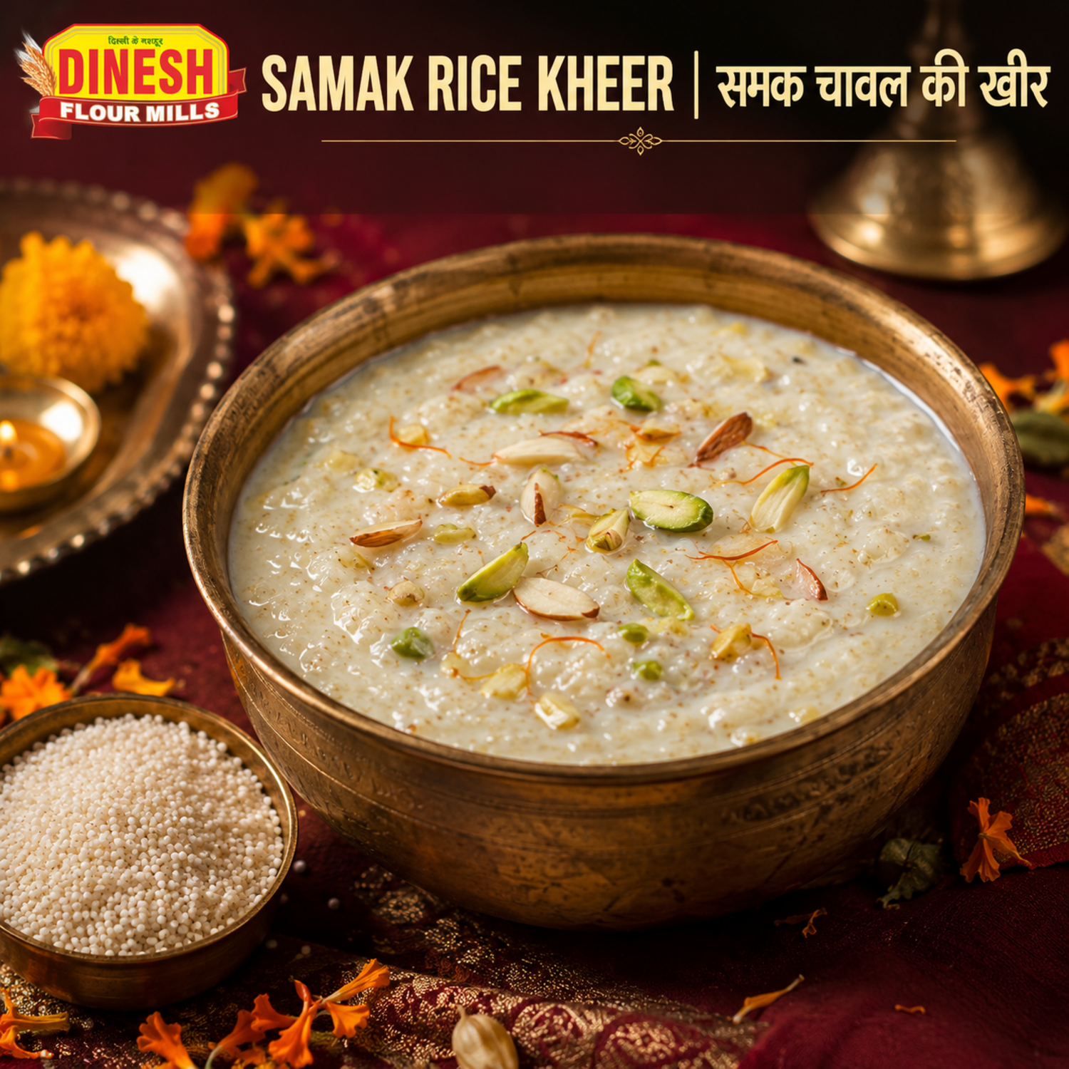 Samak Rice Kheer with saffron almonds and pistachios served in a brass bowl