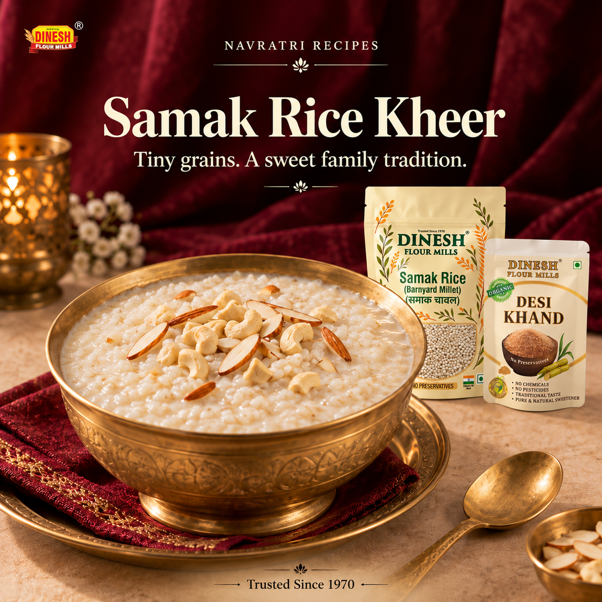 Samak Rice Kheer with Desi Khand served with Dinesh Flour Mills Samak Rice (Barnyard Millet) packaging for Navratri, with a small brand logo at the top left.