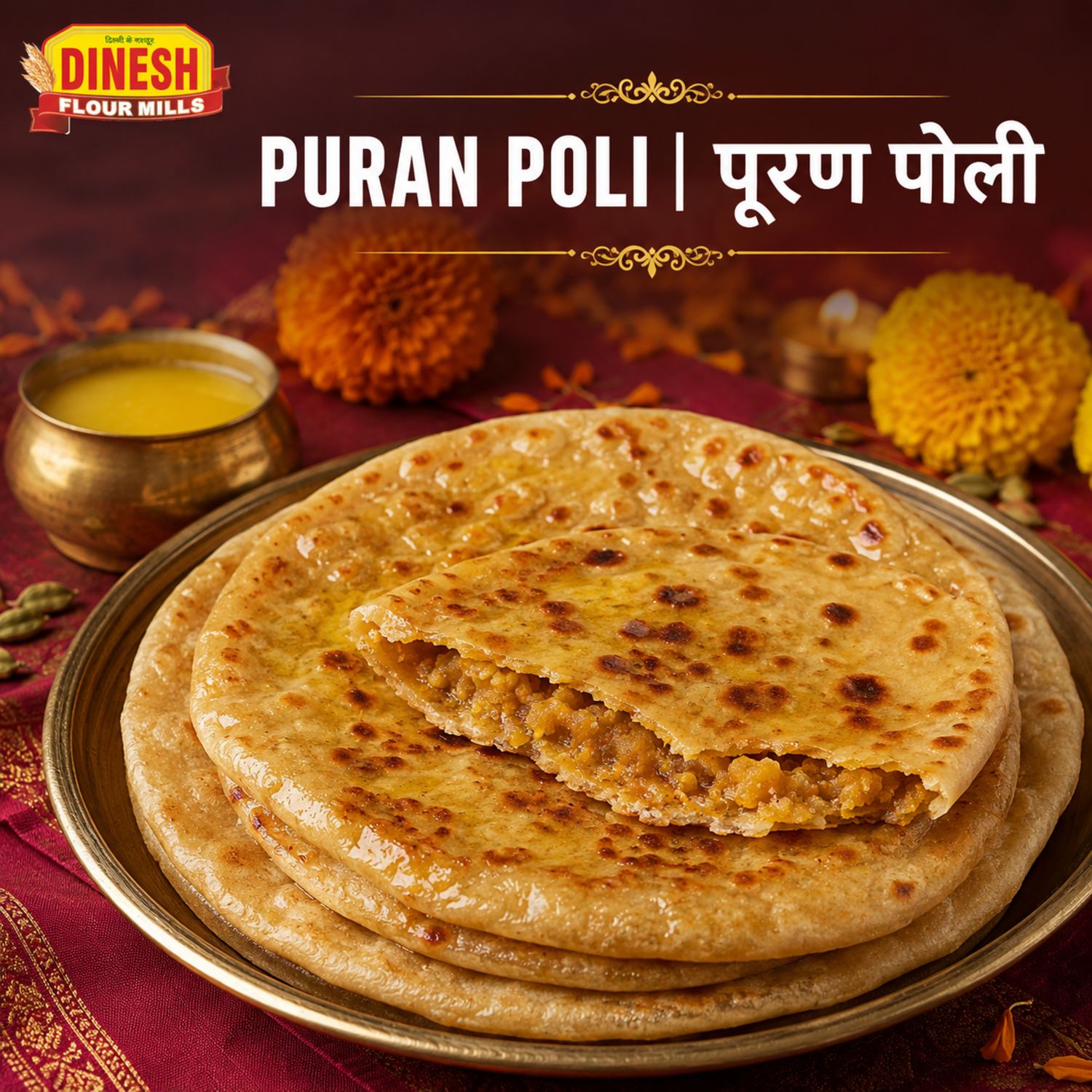 Traditional Puran Poli with chana dal jaggery filling and ghee for Ganesh Chaturthi