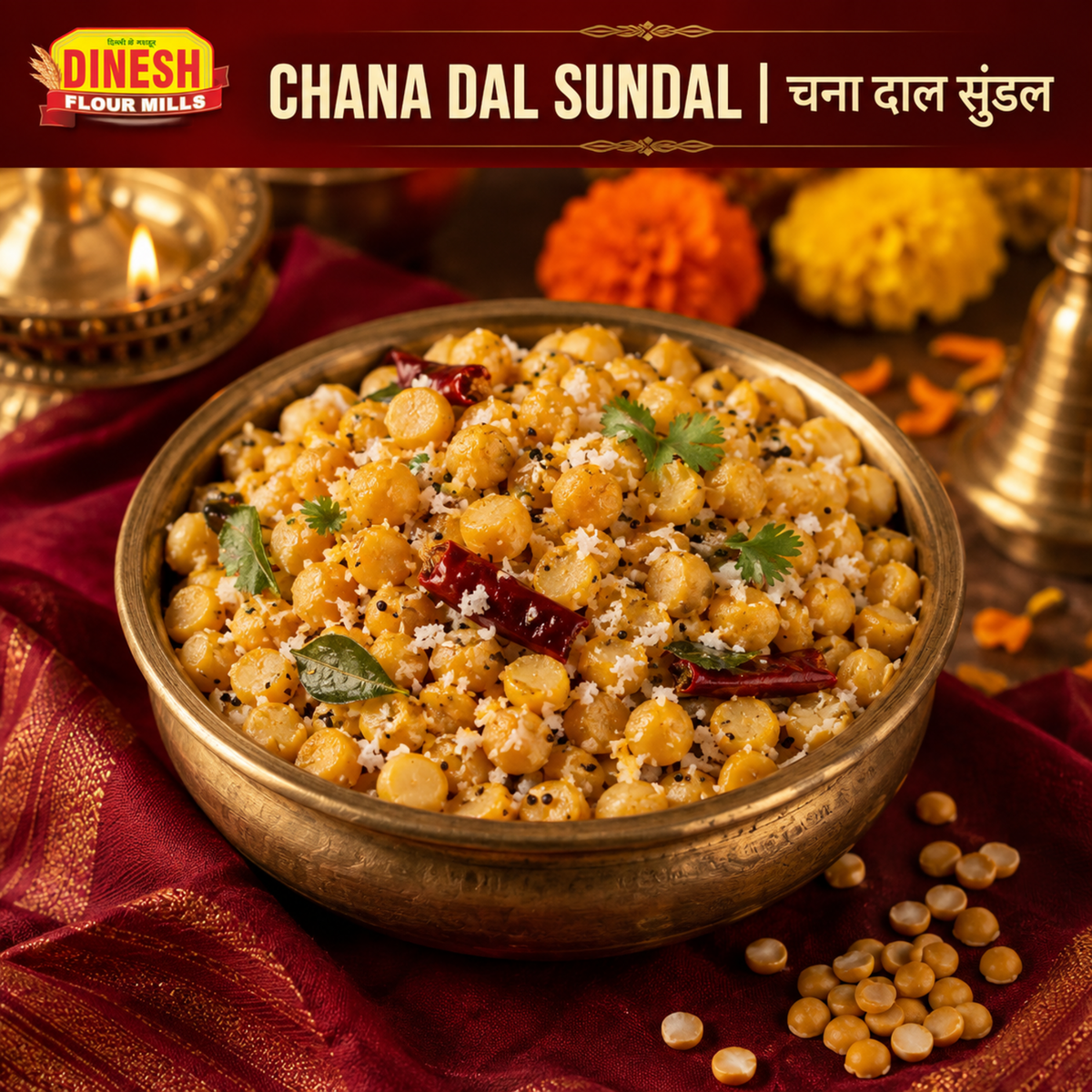 Chana Dal Sundal with coconut curry leaves and mustard tempering in a brass bowl