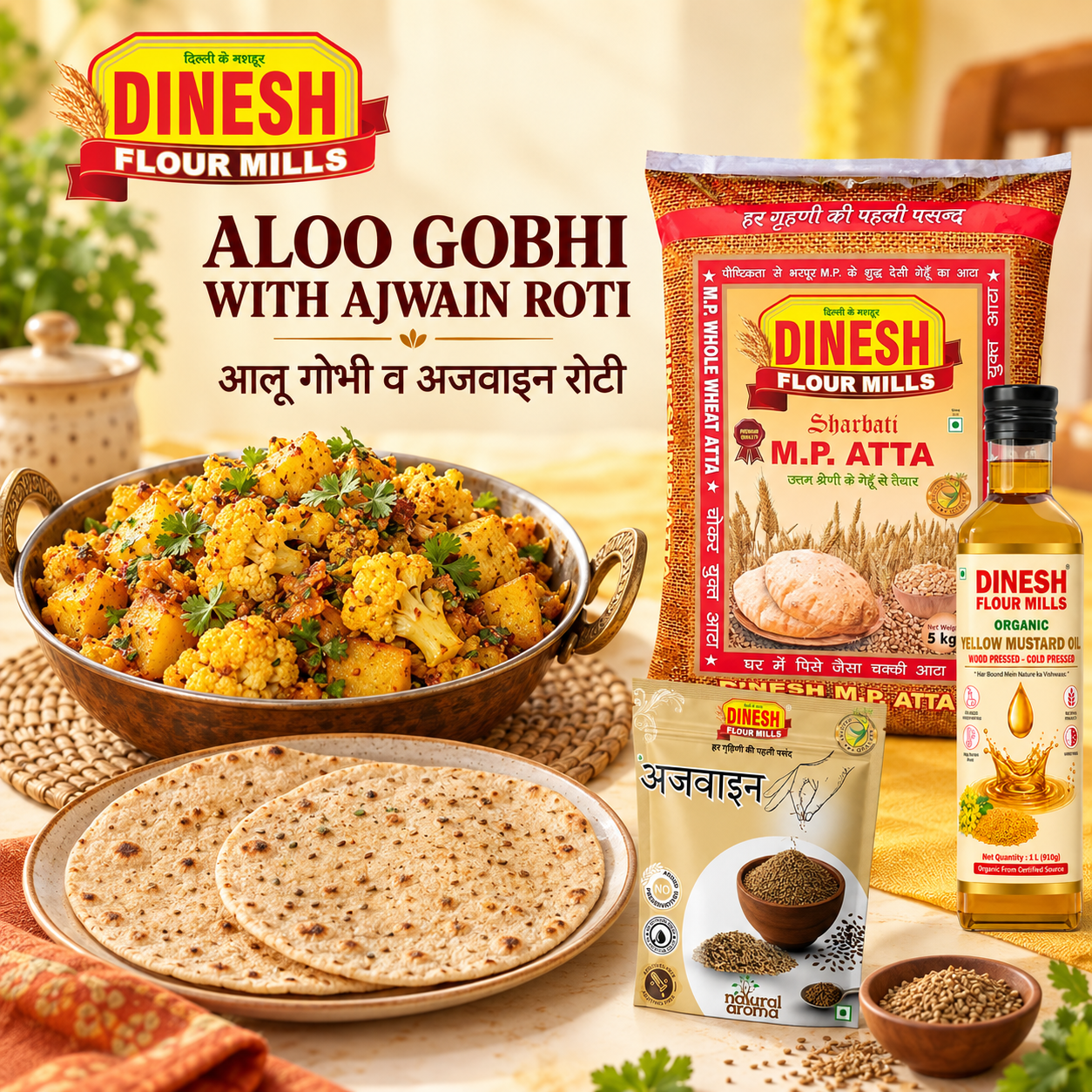 Aloo Gobhi with thin Ajwain Rotis and Dinesh Flour Mills atta, ajwain and yellow mustard oil
