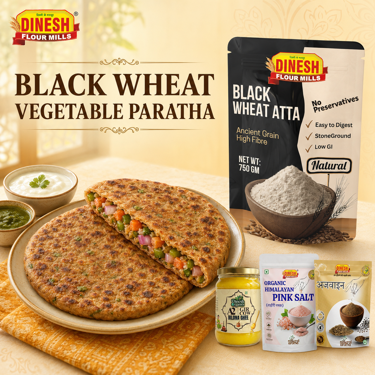Black Wheat Paratha, Vegetable Paratha Recipe, Kale Gehu Ka Paratha, Black Wheat Atta Breakfast, Easy Paratha Recipe, Lunch Box Paratha, Dinesh Flour Mills Recipes
