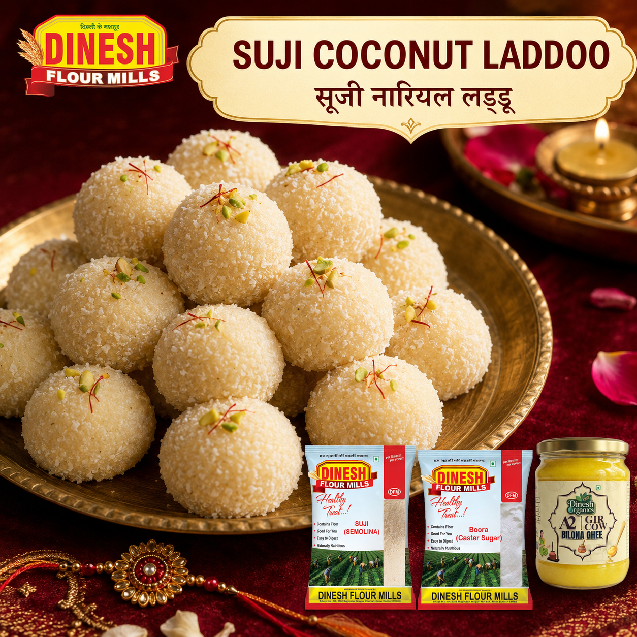 Traditional Besan Boora Laddoo made with Dinesh Flour Mills besan, boora, A2 Gir Cow Bilona Ghee and cardamom