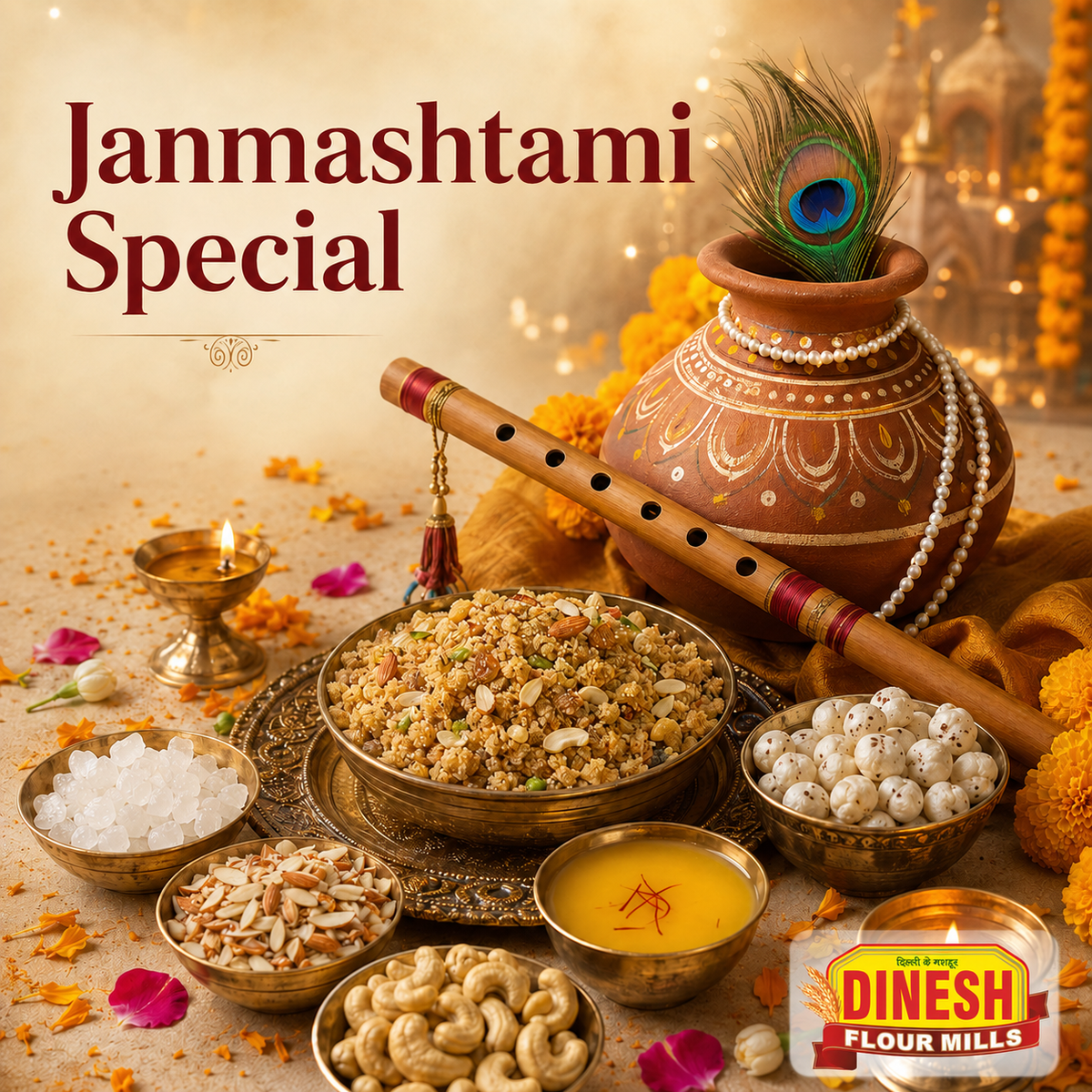 Janmashtami special prasad with dhania panjeeri, makhana, mishri, dry fruits and Dinesh Flour Mills logo