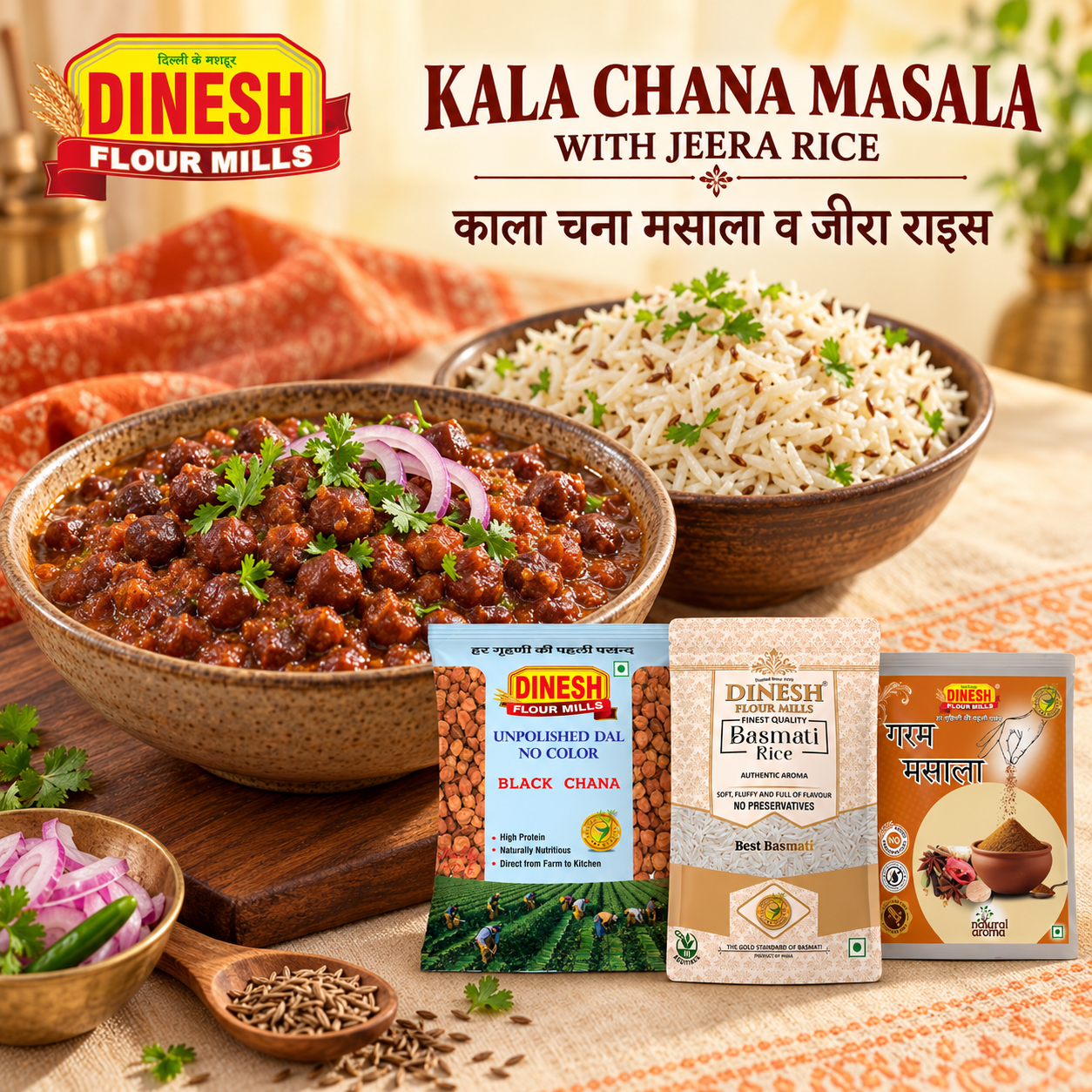 Kala Chana Masala with Jeera Rice and Dinesh Flour Mills Black Chana, Basmati Rice and Garam Masala packets