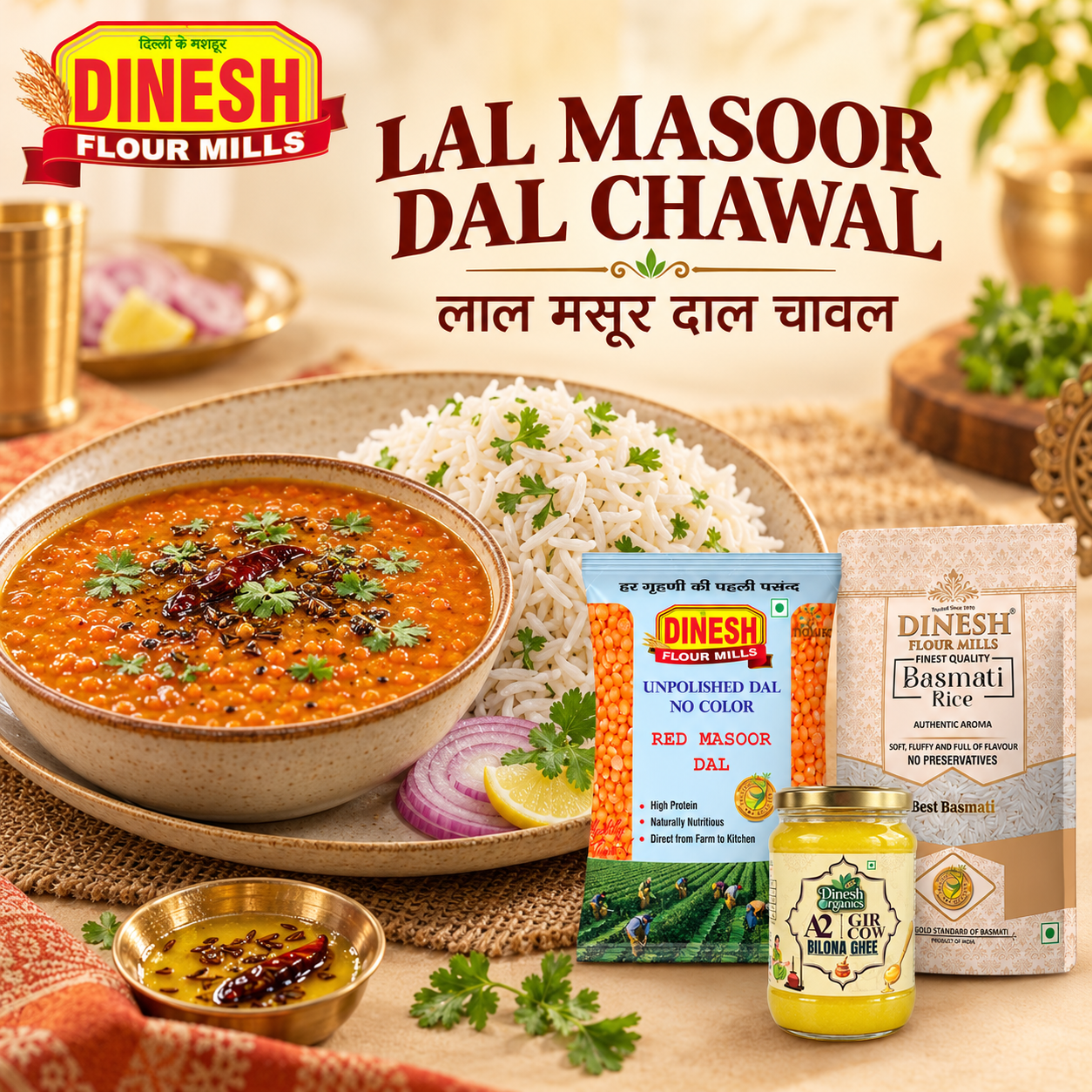 Lal Masoor Dal Chawal with Dinesh Flour Mills Red Masoor Dal, Basmati Rice and A2 Ghee packs