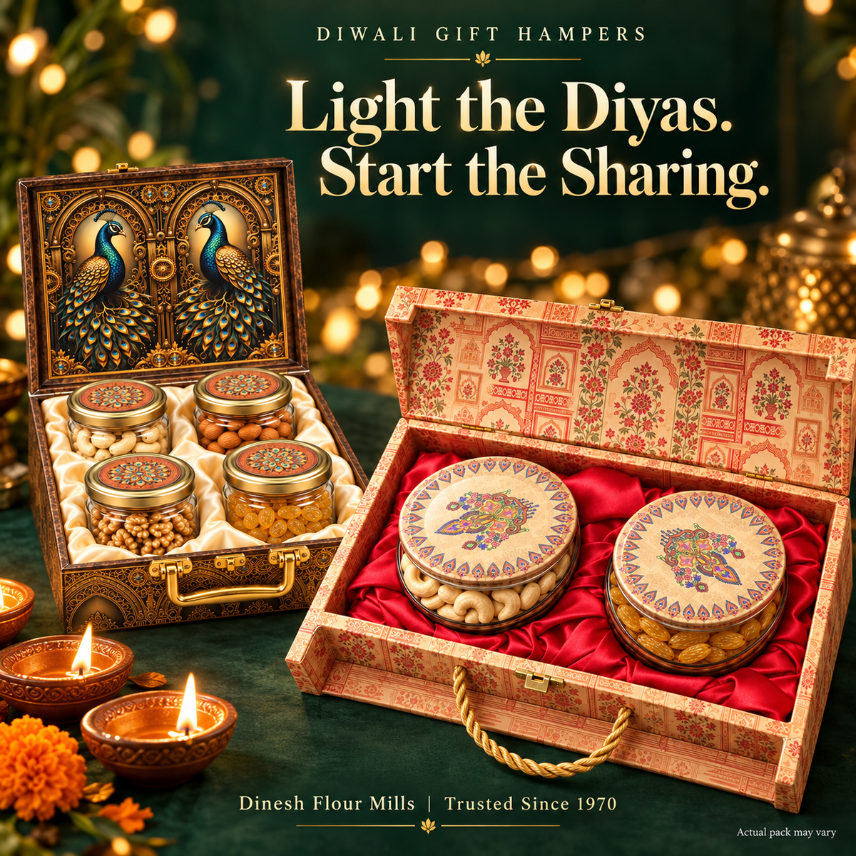 Dinesh Flour Mills Diwali dry fruit hampers in Rajwadi gold and brown peacock boxes against an emerald green background with glowing diyas.