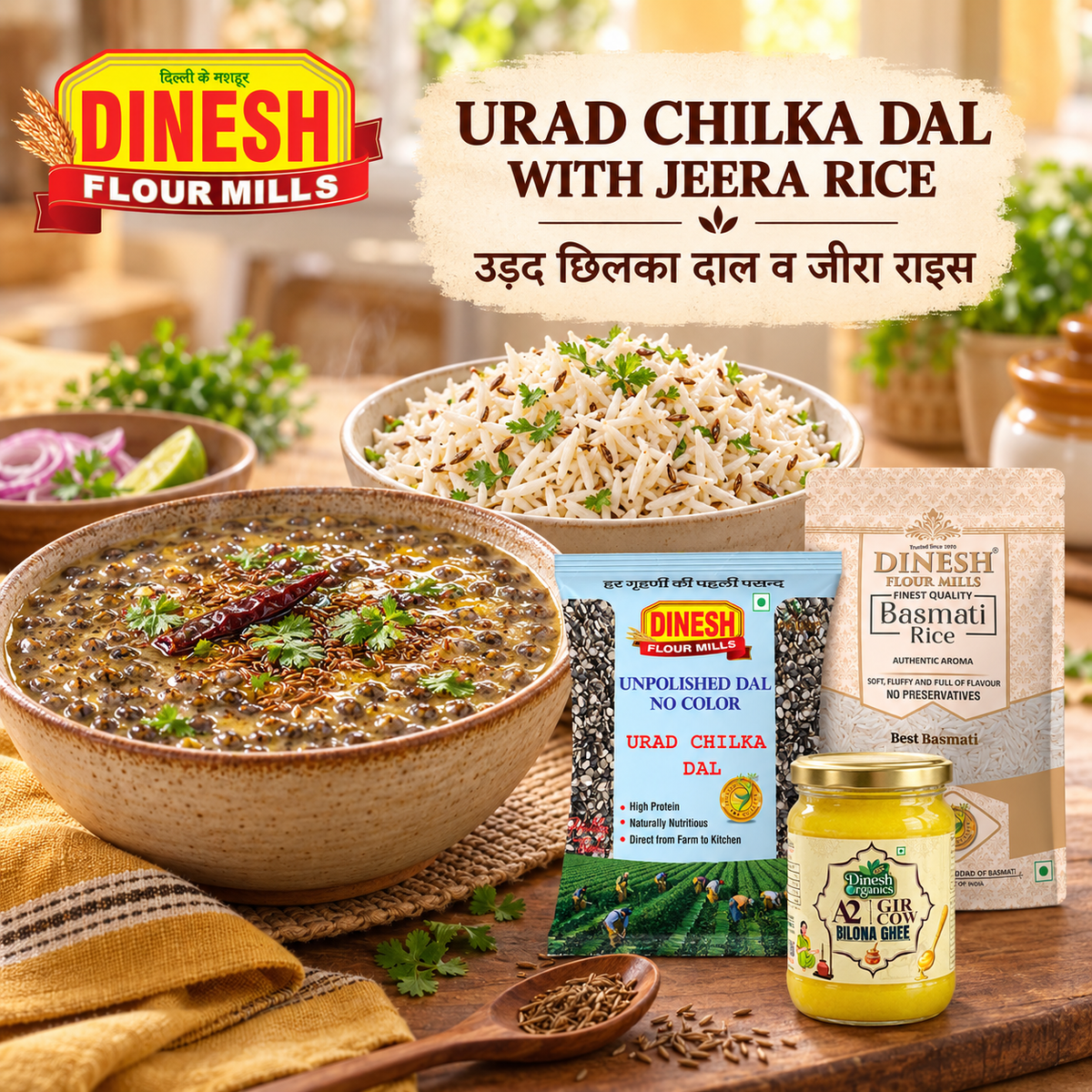 Urad Chilka Dal with Jeera Rice and Dinesh Flour Mills dal, rice and A2 Ghee products