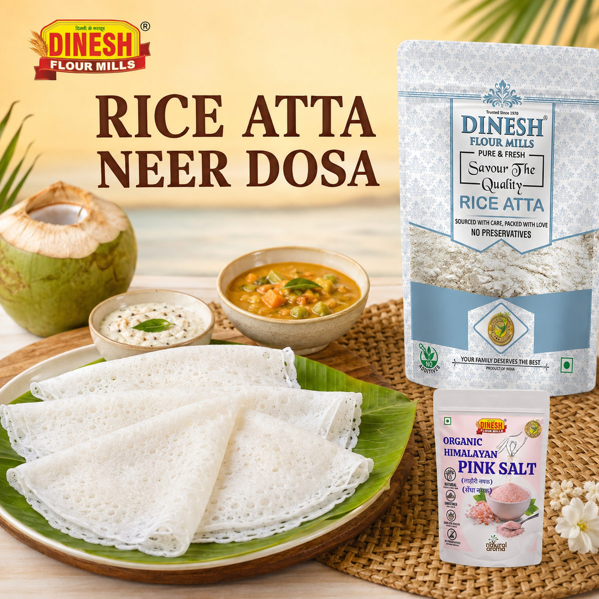 Neer Dosa is a soft and thin South Indian dosa. This convenient version is prepared using Dinesh Flour Mills Rice Atta and requires no lengthy soaking or grinding.
