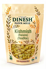 Dinesh Flour Mills Kishmish golden raisins packet with no preservatives and vegetarian symbol