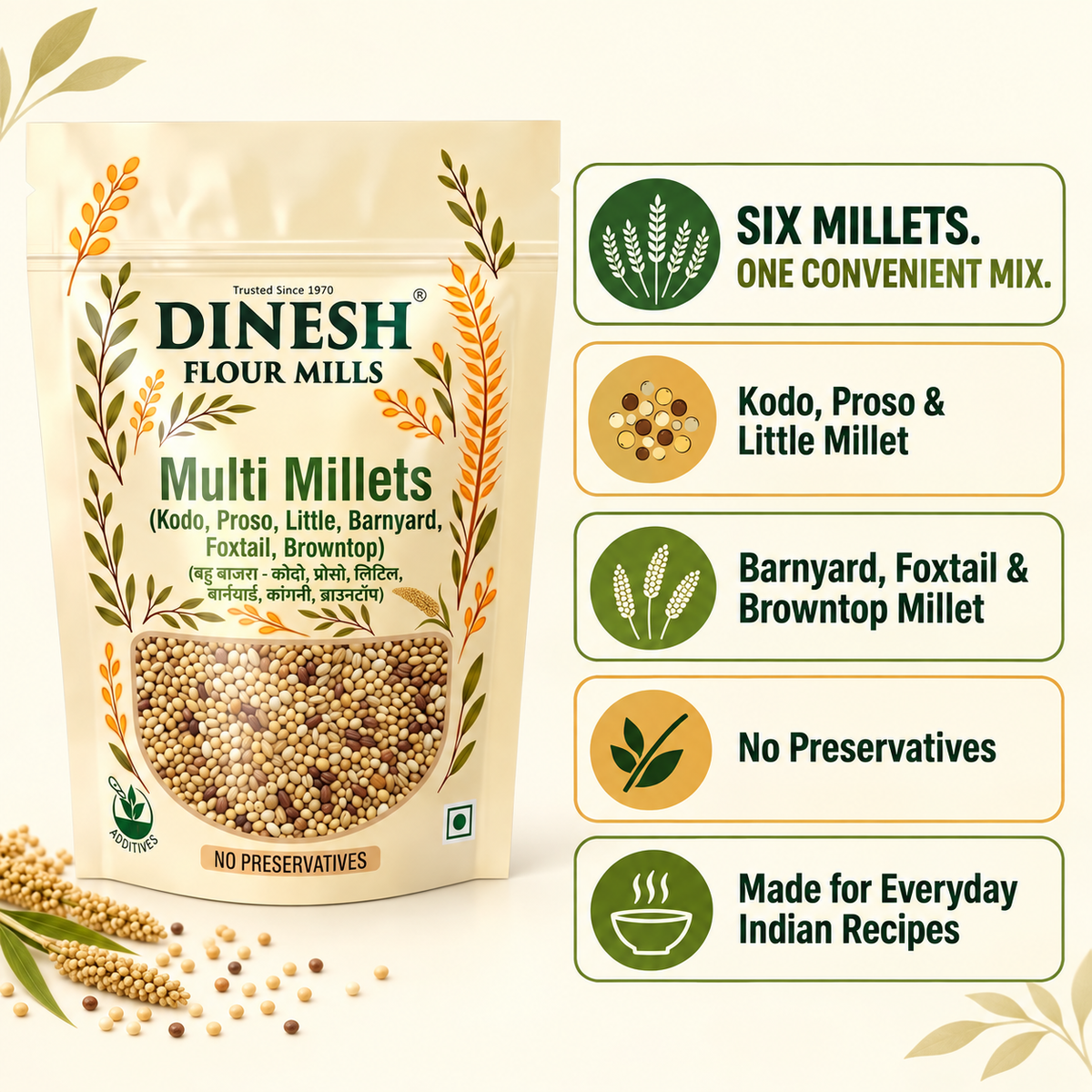 Multi Millets Mix - Kodo, Proso, Little, Barnyard, Foxtail & Browntop Millet (6 Rich Millets in one Pack)