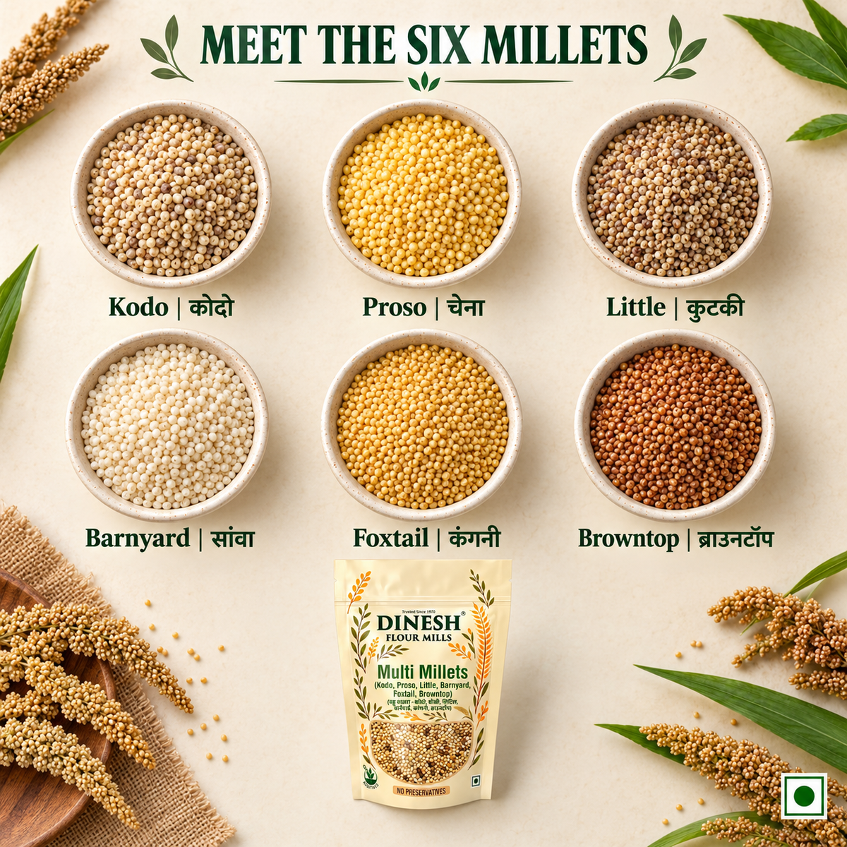 Multi Millets Mix - Kodo, Proso, Little, Barnyard, Foxtail & Browntop Millet (6 Rich Millets in one Pack)