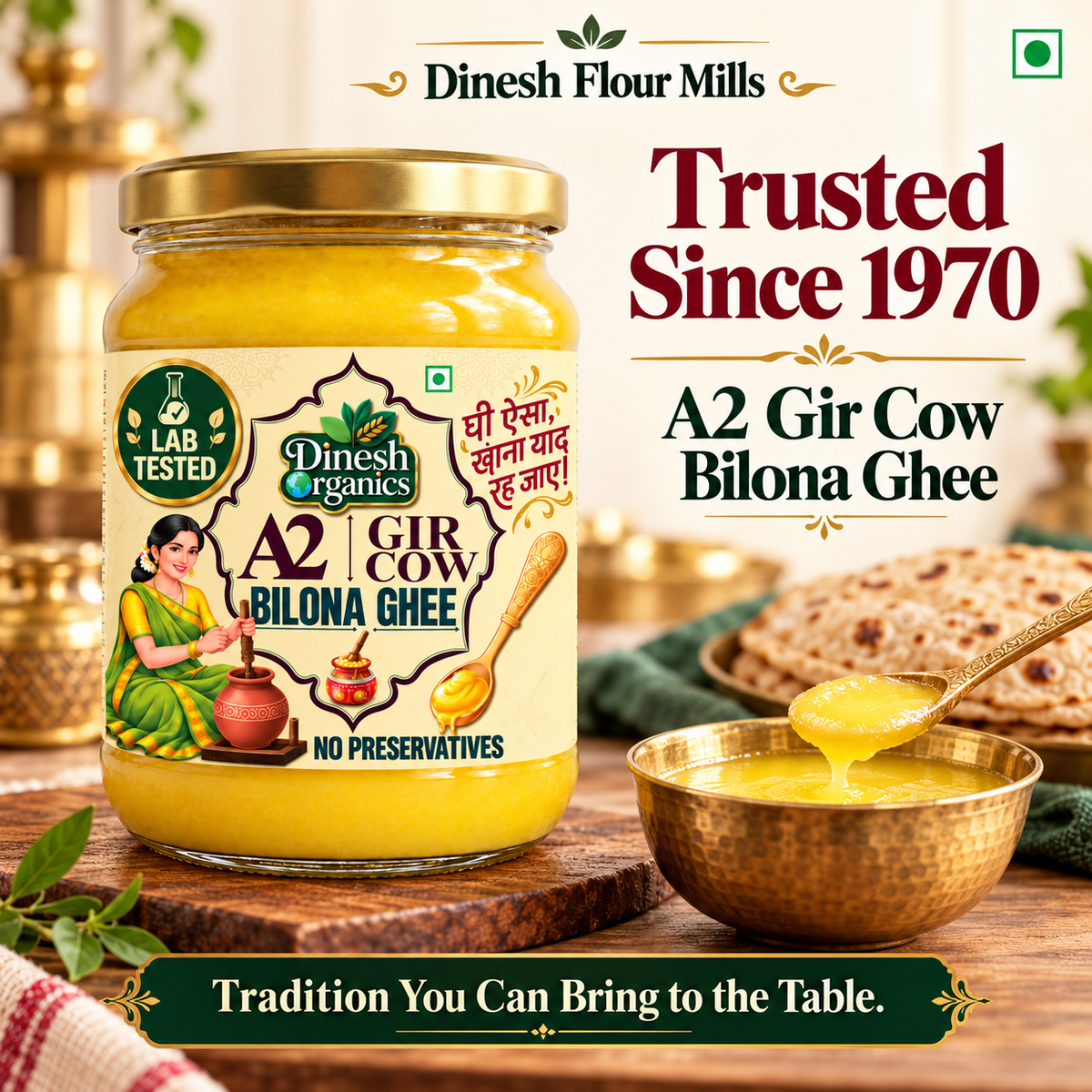 A2 Gir Cow Bilona Ghee | Lab Tested | No Preservatives| Traditional Desi Ghee | Dinesh Flour Mills