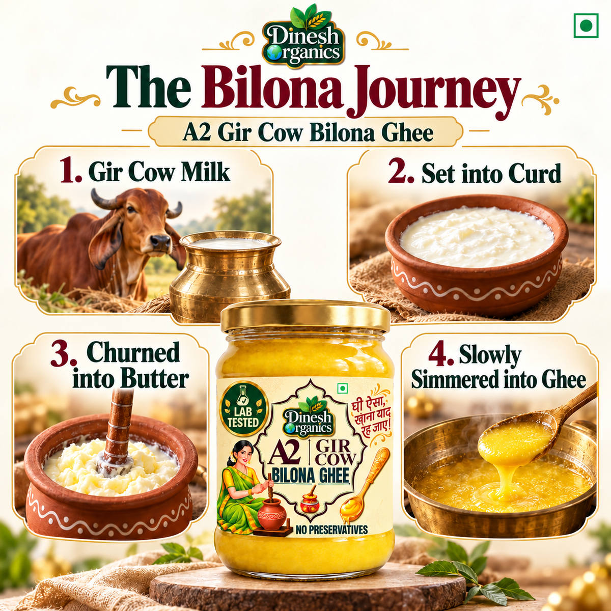 A2 Gir Cow Bilona Ghee | Lab Tested | No Preservatives| Traditional Desi Ghee | Dinesh Flour Mills