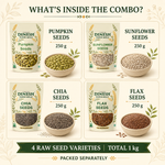 4 Raw Seeds Combo Pack | Pumpkin, Sunflower, Chia & Flax Seeds | 4 × 250 g