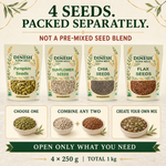 Four raw seed varieties in separate 250 g packets, total 1 kg