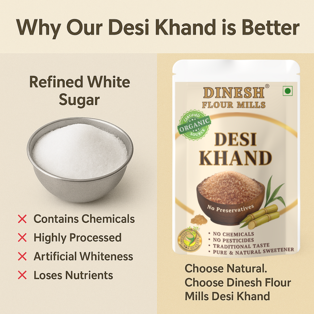 Comparison of refined white sugar with Dinesh Flour Mills Desi Khand
