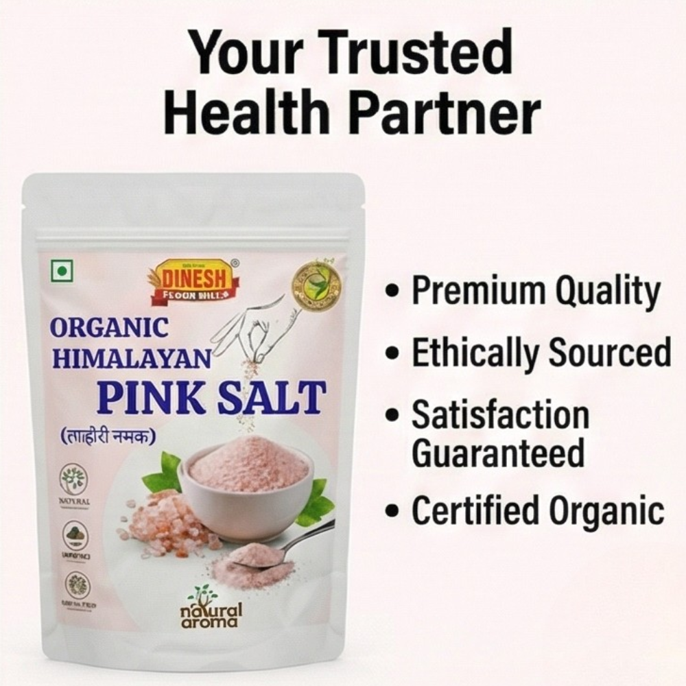 Dinesh Organic Himalayan Pink Salt packaging with branding and product details on a white background.