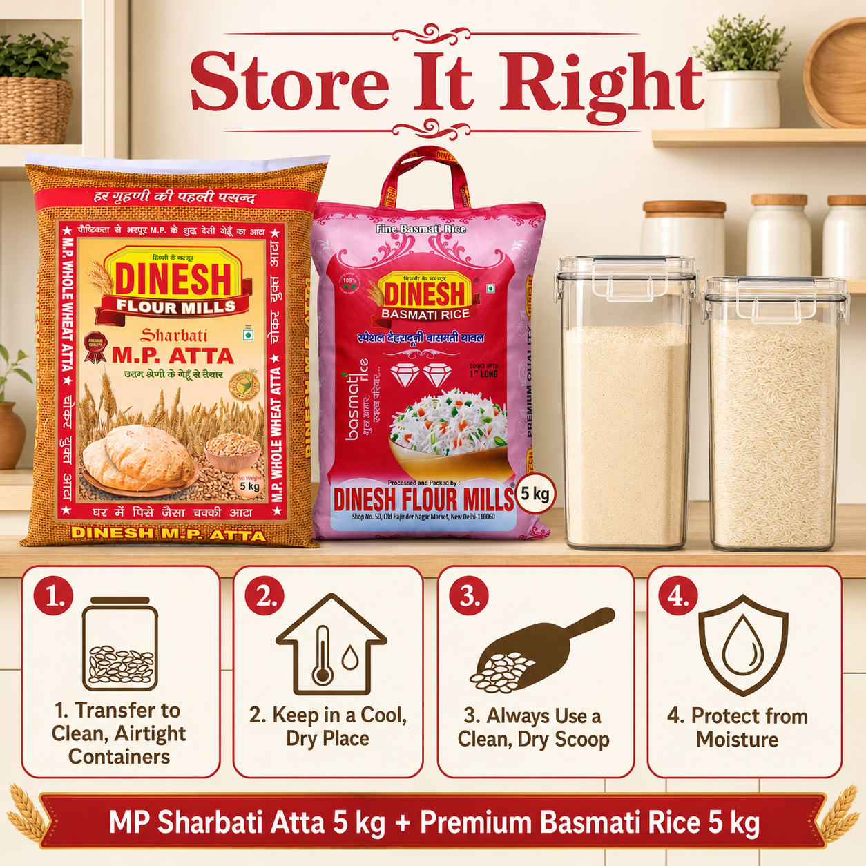 MP Sharbati Atta 5 kg & Premium Basmati Rice 5 kg Value Combo