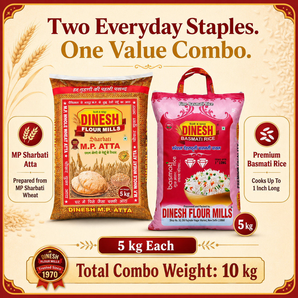 MP Sharbati Atta 5 kg & Premium Basmati Rice 5 kg Value Combo