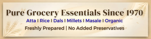 Promotional banner for Pure Grocery Essentials since 1970, featuring a list of products and their attributes.