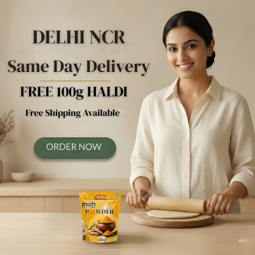 Woman in a kitchen with a packet of powder and a rolling pin, promoting Delhi NCR same day delivery and free haldi offer.