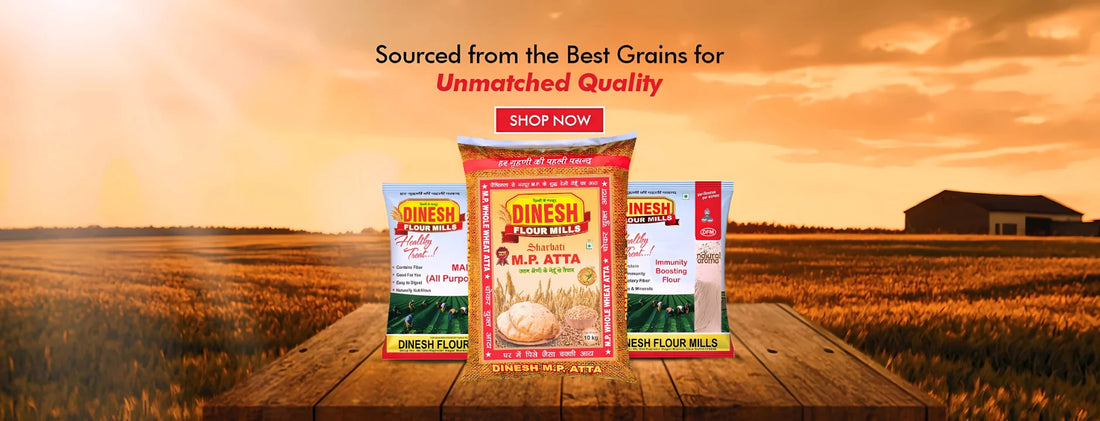 Dinesh three bags of flour on a wooden table with a sunset over a field in the background.