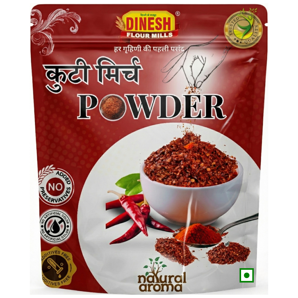 Dinesh Flour Mills Kuti Mirch coarsely ground red chilli packet