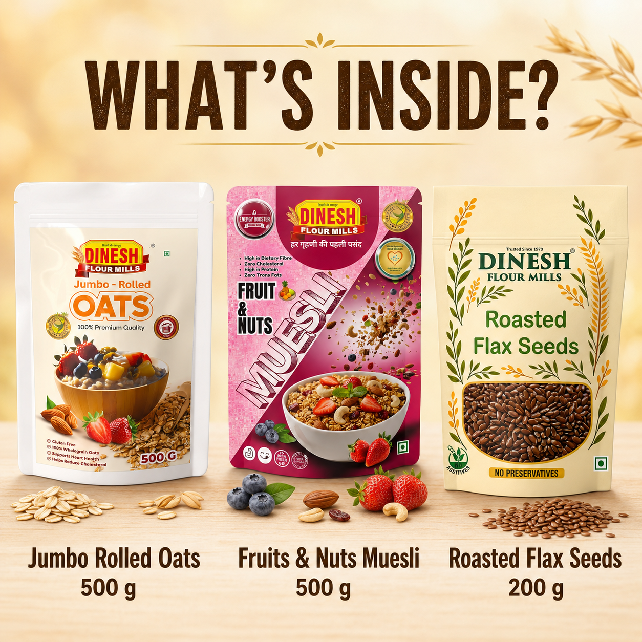 Dinesh Flour Mills oats muesli and flax seeds combo