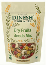 Dinesh Flour Mills Dry Fruits Seeds Mix packaging with a view of the mix inside.