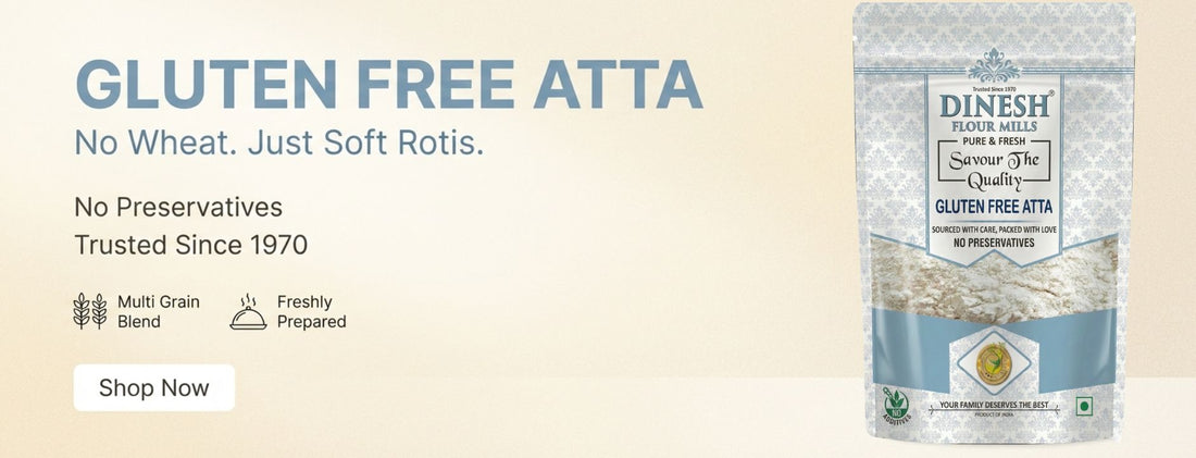 Dinesh Gluten Free Atta packaging with branding and product details on a beige background
