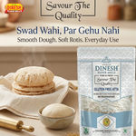 Dinesh gluten-free atta package with roti and dough on a table