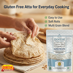 Dinesh Flour Mills gluten-free atta with hands holding rotis and product packaging.