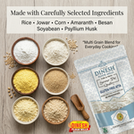 Dinesh Flour Mills multi grain blend with ingredients and packaging on a wooden surface