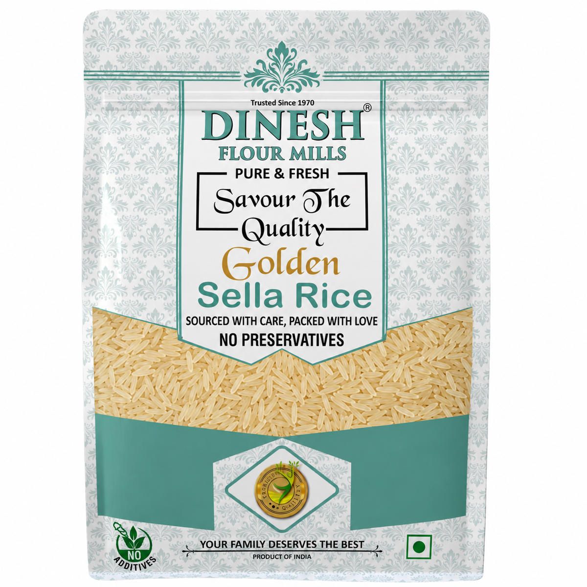 A stand-up pouch of Dinesh Flour Mills Golden Sella Rice on a plain white background. The packaging features a white and teal floral pattern, a clear window showing the beige rice grains inside, and green and gold branding text.