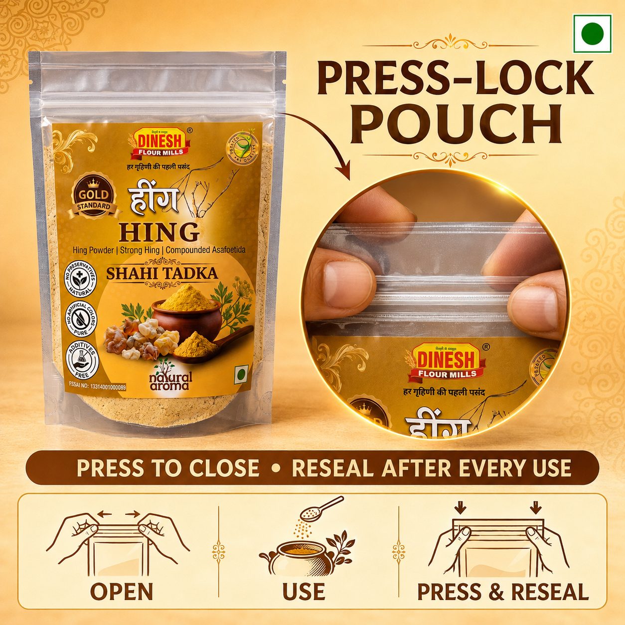 Hing Powder | Strong Compounded Asafoetida | No Preservatives | Press-Lock Pouch