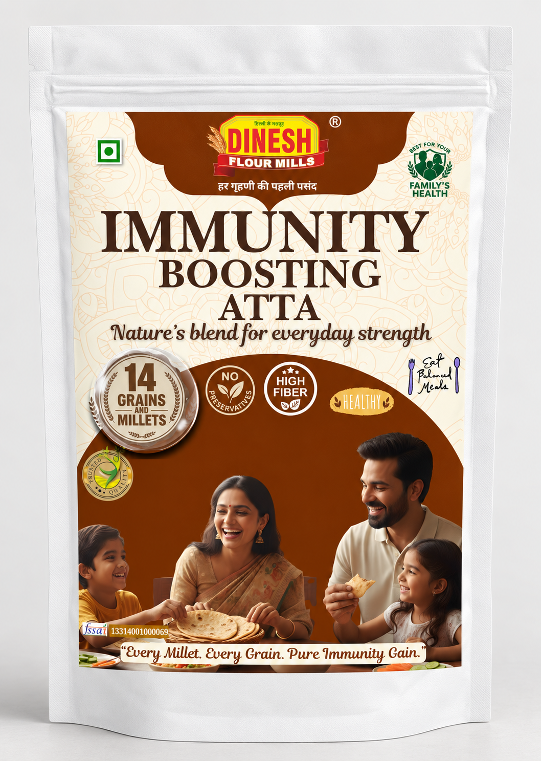 A package of Dinesh Flour Mills Immunity Boosting Atta, featuring a white and brown bag with a family illustration on the lower half, set against a plain white background.