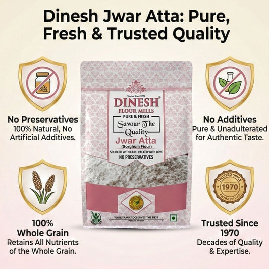 Dinesh Jwar Atta packaging with product details and brand promises on a white background