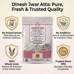 Dinesh Jwar Atta packaging with product details and brand promises on a white background
