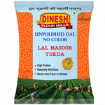 Dinesh Flour Mills Lal Masoor Tukda packet with small orange split red lentils, unpolished dal with no preservatives.