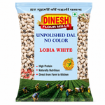 A package of Dinesh Flour Mills White Lobia (Black Eyed Pea) with branding and product information displayed.