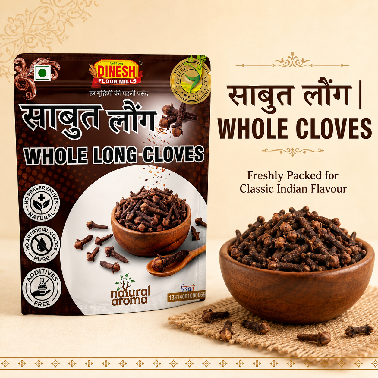 Dinesh Flour Mills Sabut Laung Whole Cloves packaging shown next to a wooden bowl filled with whole cloves on a beige background with decorative text.