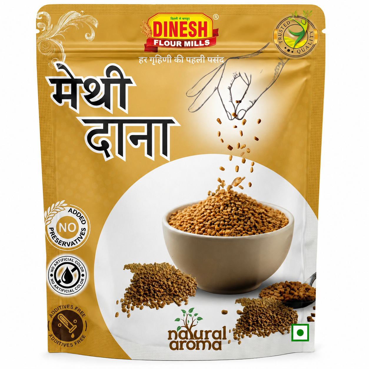 Dinesh Flour Mills Methi Dana whole fenugreek seeds packet
