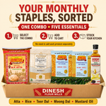 Monthly Grocery Essentials Combo | MP Atta 5kg, Basmati Rice 3kg, Toor Dal 1kg, Moong Dal 1kg & Mustard Oil 1L
