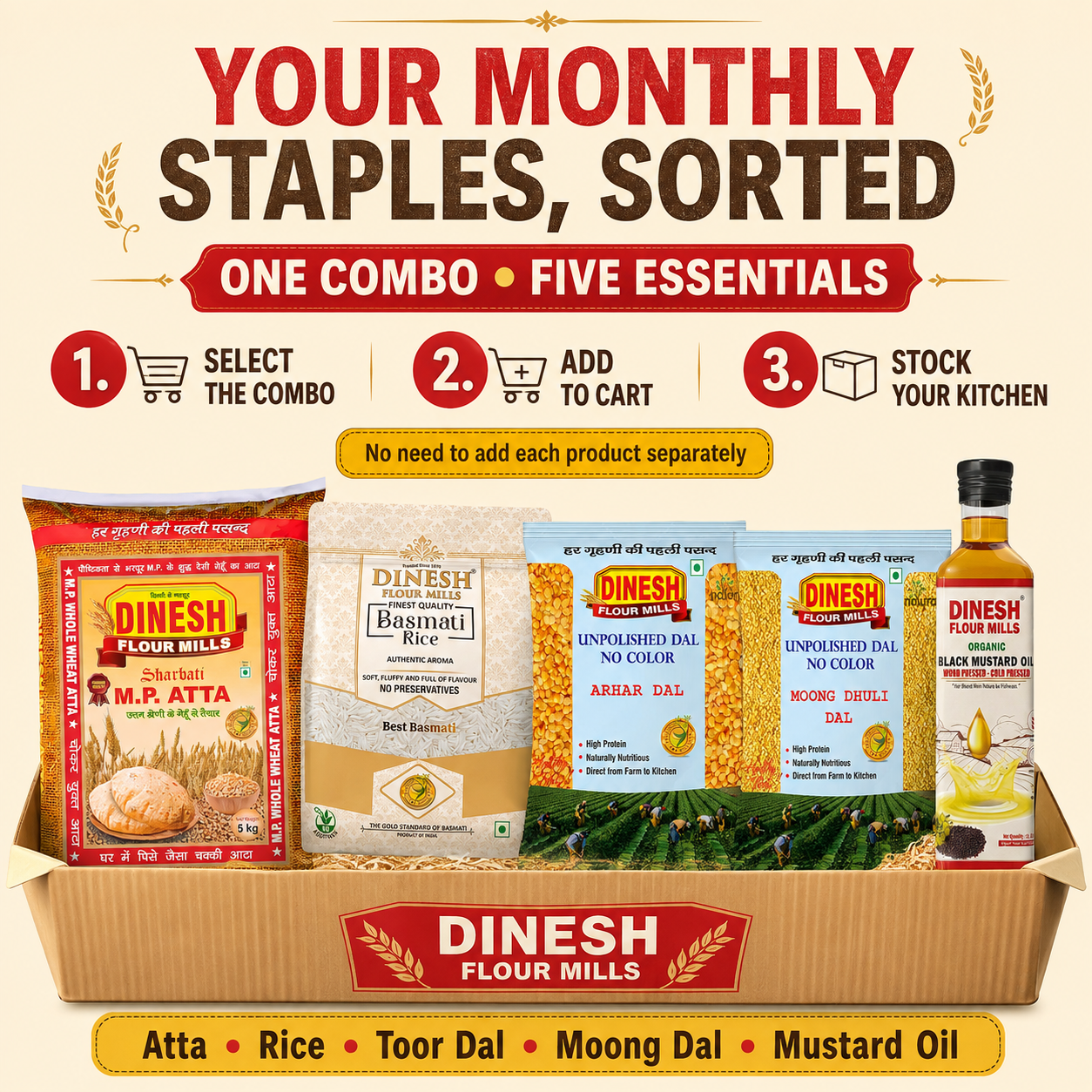 Monthly Grocery Essentials Combo | MP Atta 5kg, Basmati Rice 3kg, Toor Dal 1kg, Moong Dal 1kg & Mustard Oil 1L