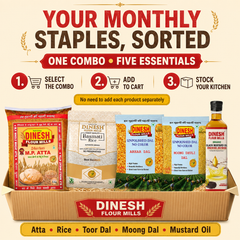 Monthly Grocery Essentials Combo | MP Atta 5kg, Basmati Rice 3kg, Toor Dal 1kg, Moong Dal 1kg & Mustard Oil 1L