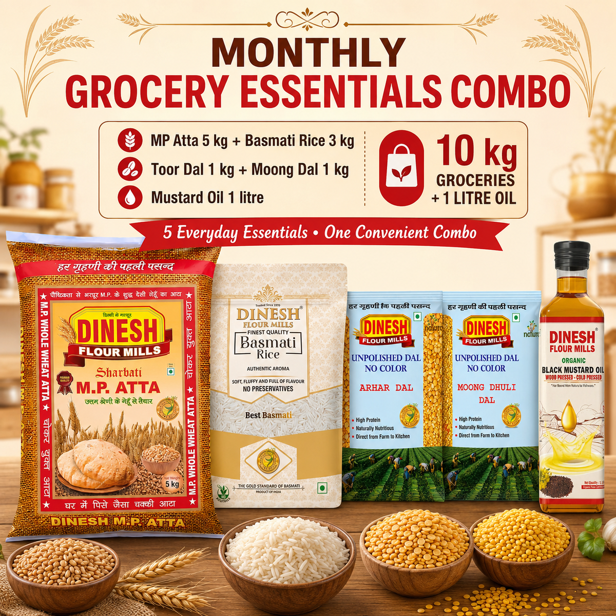Monthly Grocery Essentials Combo | MP Atta 5kg, Basmati Rice 3kg, Toor Dal 1kg, Moong Dal 1kg & Mustard Oil 1L
