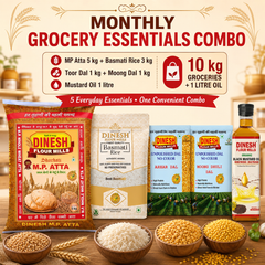 Monthly Grocery Essentials Combo | MP Atta 5kg, Basmati Rice 3kg, Toor Dal 1kg, Moong Dal 1kg & Mustard Oil 1L