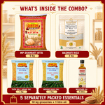 Monthly Grocery Essentials Combo | MP Atta 5kg, Basmati Rice 3kg, Toor Dal 1kg, Moong Dal 1kg & Mustard Oil 1L